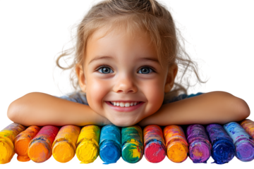 Kid with drawing and painting supplies, happy to go back to school, isolated on white background