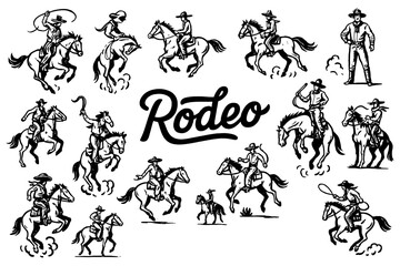 Rodeo cowboys riding bulls in dynamic vintage engraving style, Transparent Background