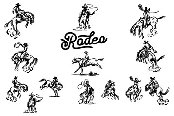Rodeo cowboys riding bulls in dynamic vintage engraving style, Transparent Background