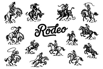Rodeo cowboys riding bulls in dynamic vintage engraving style, Transparent Background