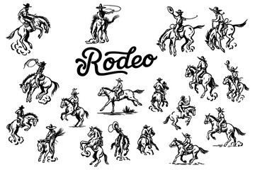 Rodeo cowboys riding bulls in dynamic vintage engraving style, Transparent Background