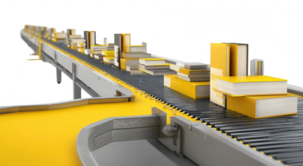Sleek yellow and gray modern minimalist industrial factory conveyor belt with books, png, transparent