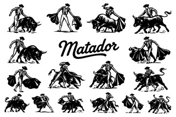 Traditional matadors and bullfighting scenes in vintage engraving style, Transparent Background