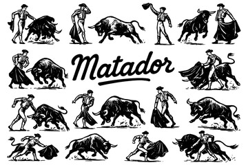 Traditional matadors and bullfighting scenes in vintage engraving style, Transparent Background
