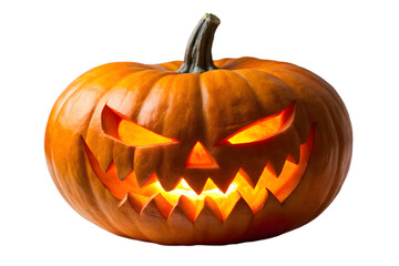 A single carved jackolantern with a scary glowing face, isolated on a transparent background for halloween