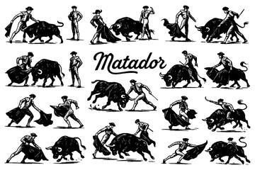 Traditional matadors and bullfighting scenes in vintage engraving style, Transparent Background