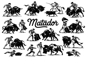 Traditional matadors and bullfighting scenes in vintage engraving style, Transparent Background