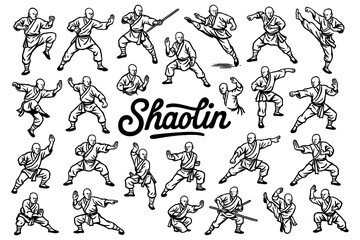 Shaolin monks practicing martial arts stances in vintage engraving style, Transparent Background