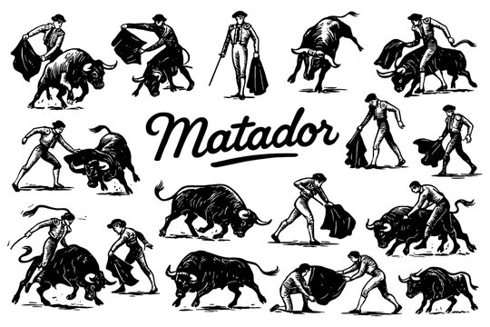 Traditional matadors and bullfighting scenes in vintage engraving style, Transparent Background