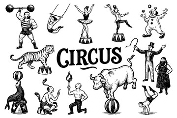 Vintage circus performers and animals in classic engraving style, Transparent Background © SenorPinky
