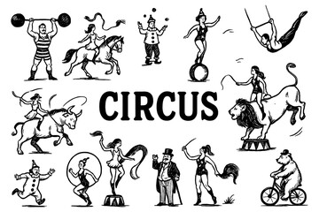 Vintage circus performers and animals in classic engraving style, Transparent Background © SenorPinky
