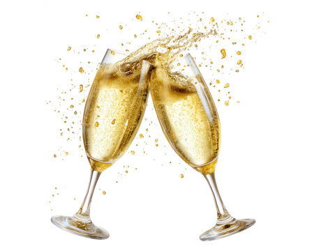 Two glasses of champagne clinking, isolated on a white background, png, transparent