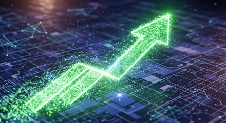Green arrow pointing upward on conceptual background. Digital transformation and data flow. Business growth and technology advancement visualization for analysis.