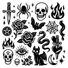 Obraz premium Spooky Halloween icons with skulls, ghost, and witch elements in bold black style, Transparent Background