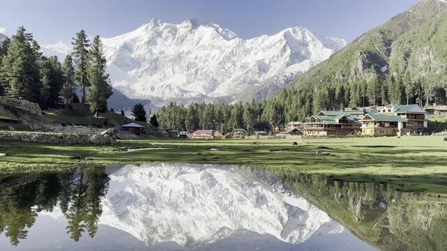 Wide angle shot of Nanga Parbat reflection in Fairy Meadows reflection pond on a clear sunny day in Gilgit Baltistan Pakistan, shot in 4K 60fps
