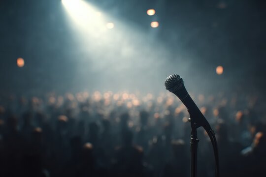 An empty microphone on stage with a single spotlight, the silhouettes of the crowd blurred far back, the mood dark and gloomy.