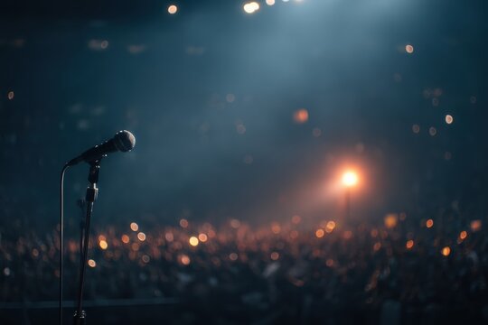 An empty microphone on stage with a single spotlight, the silhouettes of the crowd blurred far back, the mood dark and gloomy. - Powered by Adobe