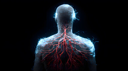 A glowing neural network branching into a human silhouette, connecting unexpectedly to other body systems.