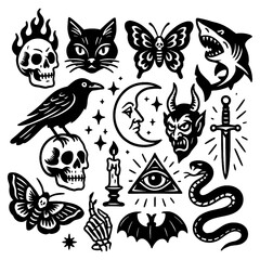 Spooky Halloween icons with skulls, ghost, and witch elements in bold black style, Transparent Background