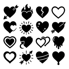 Romantic heart icons with arrows, flames, and decorative shapes in bold black, Transparent Background