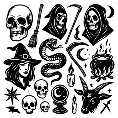 Spooky Halloween icons with skulls, ghost, and witch elements in bold black style, Transparent Background