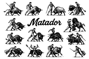 Fototapeta premium Matadors and bullfighting scenes in vintage engraving style, Transparent Background