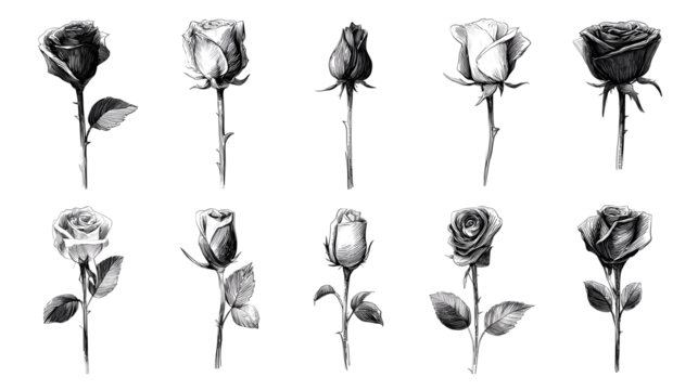 Black and white collection of rose icons in sketch style each one showing a different single long stemmed rose symbolic of love, vector illustration on white