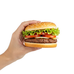 Hand holding a delicious hamburger isolated on transparent background