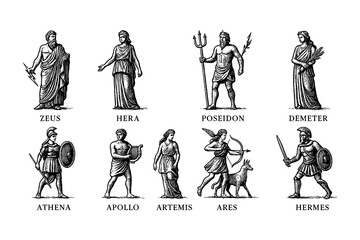 Ancient mythological deities in vintage engraving style, Transparent Background