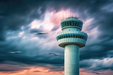 Airport control tower amidst stormy skies, planes in motion