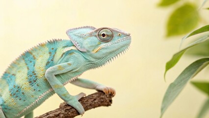 Chameleon with a veil, the background is light colored, pastel style.