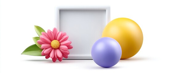 Contemporary business illustration with floating shapes and flower creative workspace digital art minimalist environment aerial view