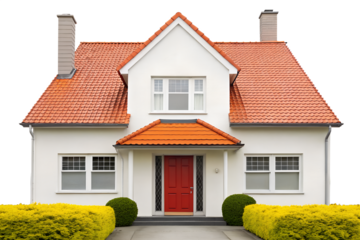 A charming residential cottage with a red brick roof and white windows, nestled in a lush green garden under a clear sky
