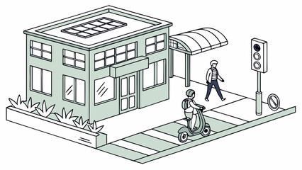Isometric city scene with building bus stop pedestrian scooter and traffic light vector illustration design