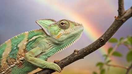 Obraz premium Chameleon with a veil, the background is light colored, pastel style.