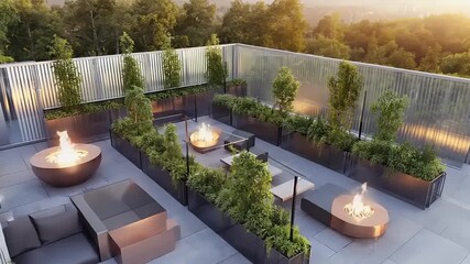 Contemporary rooftop patio with fire pits, planters, seating, and lush greenery. Sunlight creates a warm ambiance