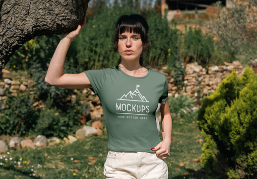 Mockup Of Woman Wearing Customized T-Shirt By Tree
