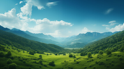 Fototapeta premium Lush green mountains with forest-covered slopes, daylight, partly cloudy sky, peaceful and fresh natural background