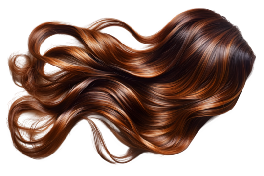Lock of brown wavy hair, top view on white background