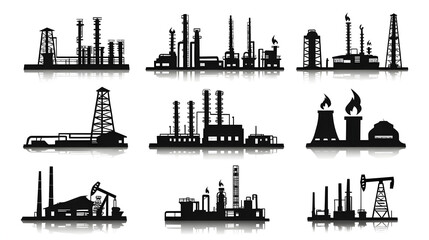 Obraz premium Industrial chemical plant and factory icons with black silhouettes of pipelines, towers and chimneys, fire flames. For gas and oil industry design