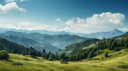 Obraz premium Lush green mountains with forest-covered slopes, daylight, partly cloudy sky, peaceful and fresh natural background