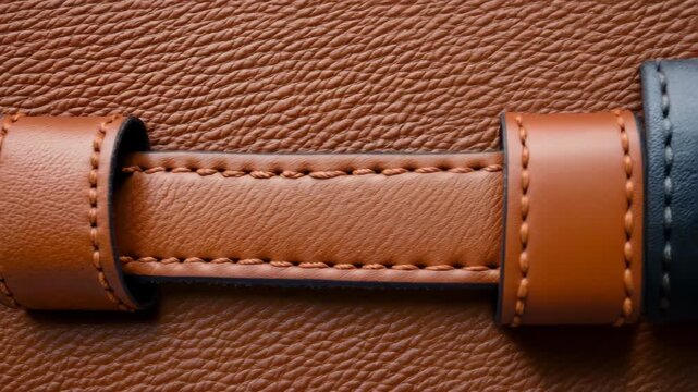 Close-up of a leather strap with stitching on a textured brown background