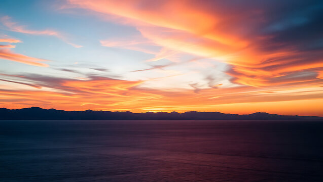 A scenic view of a sunset over the ocean with mountains in the distance and colorful clouds above