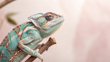 Fototapeta premium Chameleon with a veil, the background is light colored, pastel style.