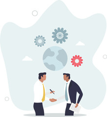 Joint venture. Collaboration.Business people shaking hand behind globe.human life.