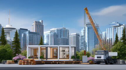 Modular Building Assembly with Workers and Crane in Urban Setting