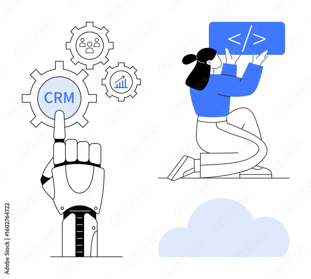 Poster robotic hand interacts with crm icons, while a programmer codes on screen. ideal for crm, workflow a