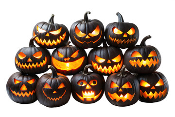 A pile of carved halloween pumpkins with glowing faces, isolated on a transparent background