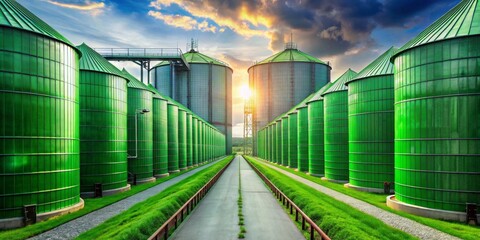 Obraz premium A pathway between rows of vibrant green industrial silos at sunset