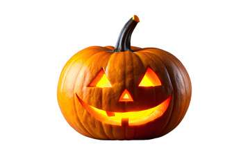 A single carved halloween pumpkin with a glowing face, isolated on a transparent background